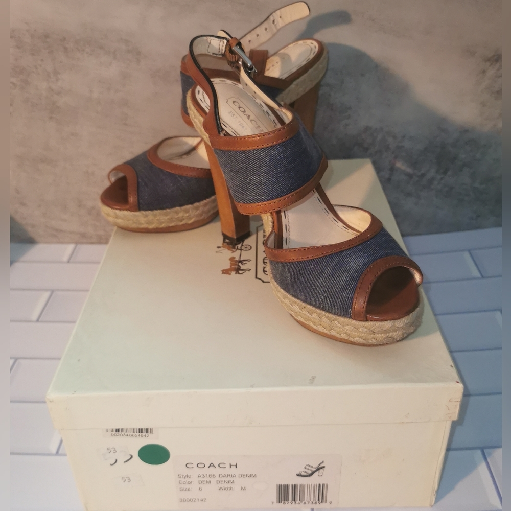 Coach Daria Demin Blue & Brown Leather Trim Wood Heel Platform Sandals size 6